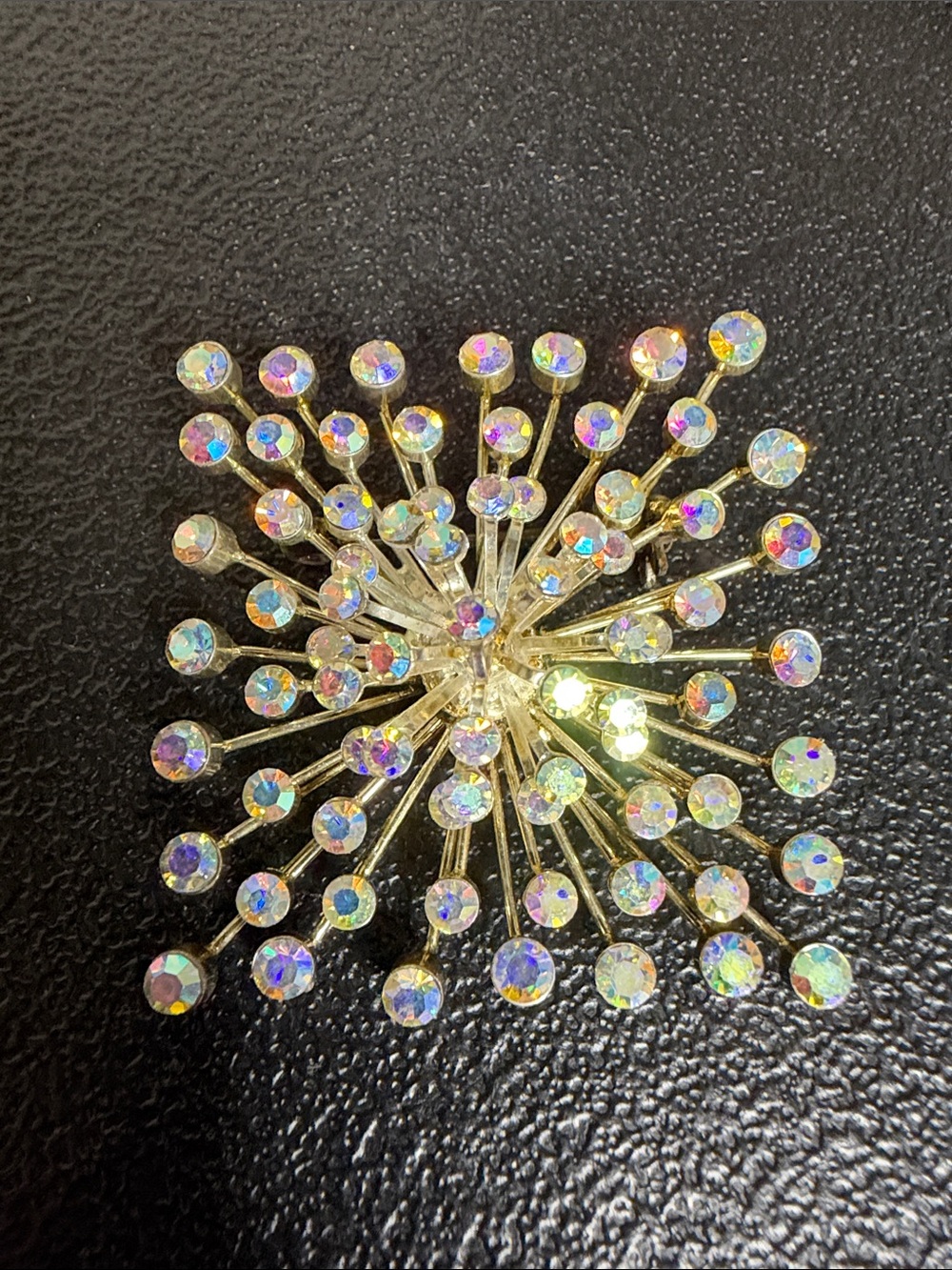 Vintage Aurora Borealis Gold Tone Crystal Burst Brooch – Iridescent Sparkle AB